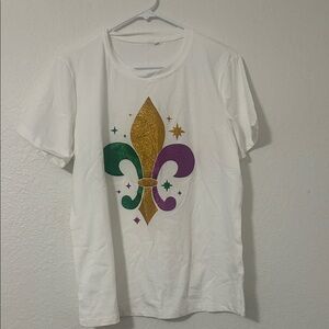 Amazon Essentials White Tee with Gold, Green, and Purple Design